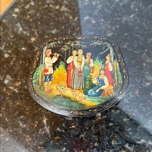 Decorative Black Lacquer Box with Colorful Scene 1989 Soviet Union
